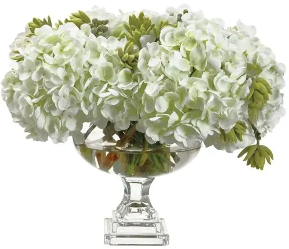 17" Hydrangea/Sedum Arrangement in Footed Glass Vase - Faux - White