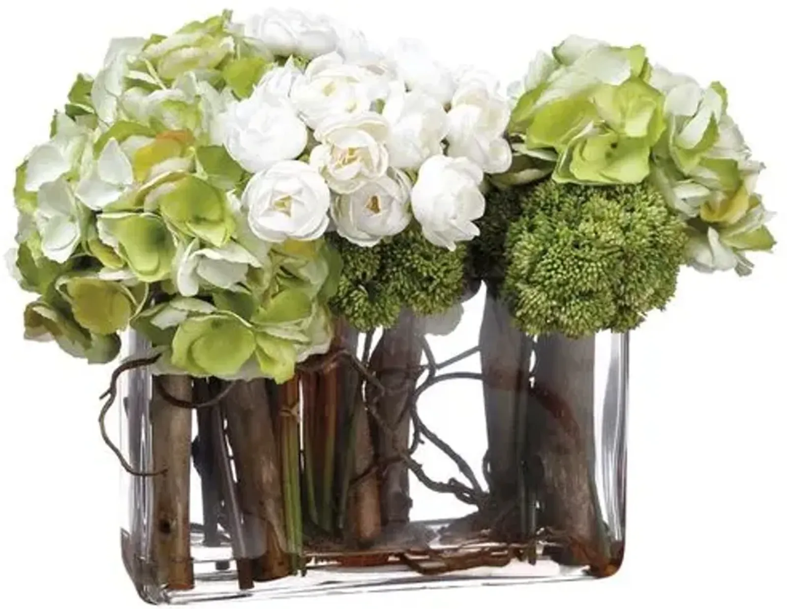 12" Hydrangea/Ranunculus/Curly Willow Arrangement in Glass Vase - Faux - Green