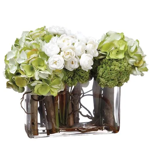 12" Hydrangea/Ranunculus/Curly Willow Arrangement in Glass Vase - Faux - Green