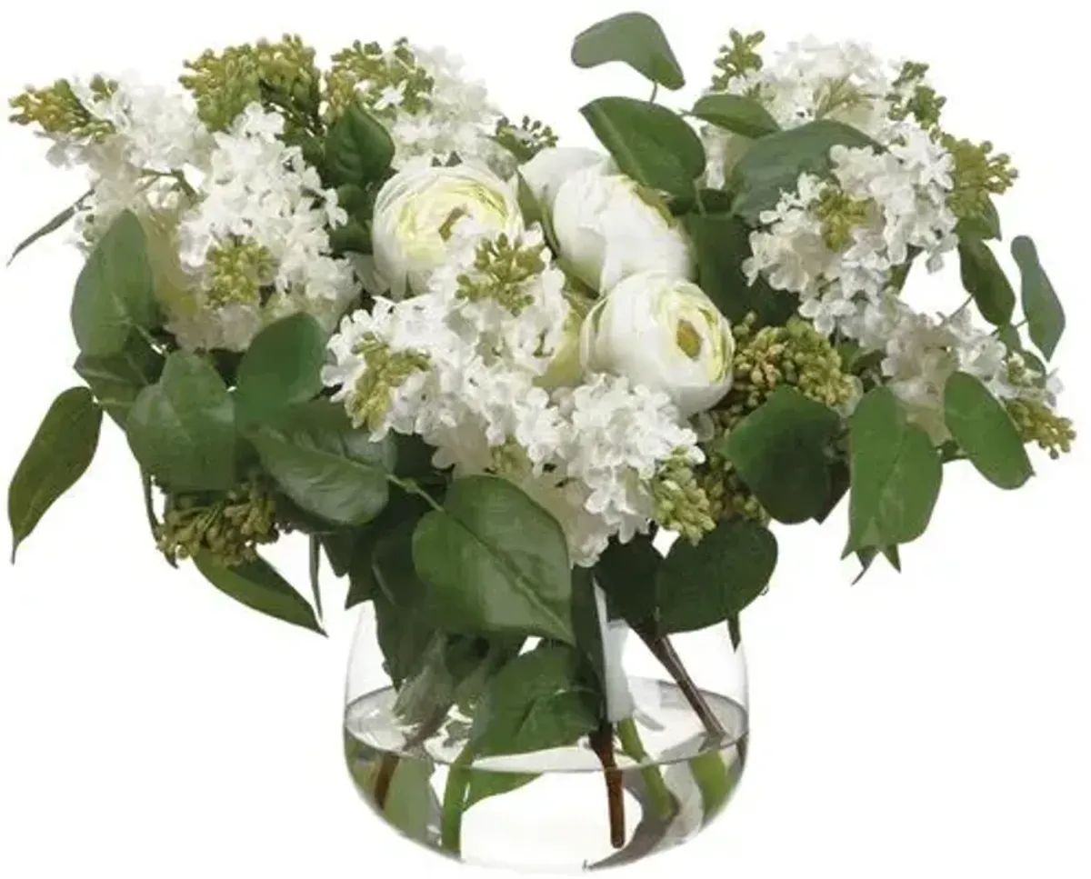 Lilac/Ranunculus Arrangement in Glass Vase - Faux - White