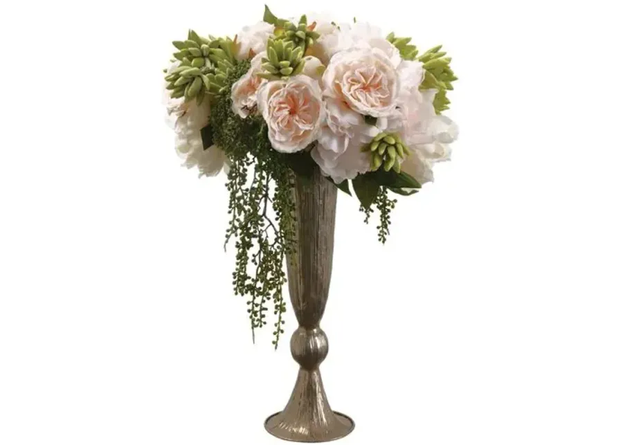 21" Peony/Rose Arrangement in Vase - Faux - White