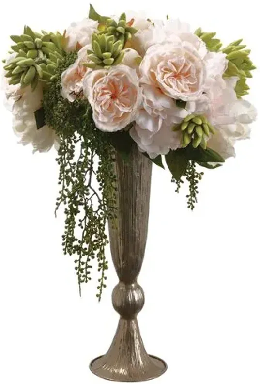 21" Peony/Rose Arrangement in Vase - Faux - White