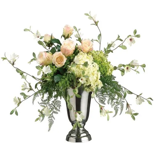 21" Hydrangea/Rose/Petunia Arrangement in Pedestal Vase - Faux - Green