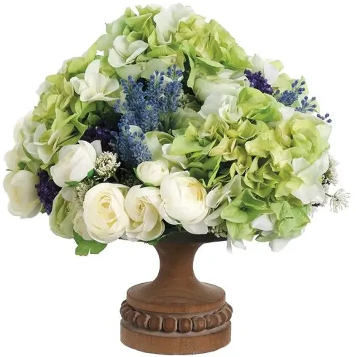 15" Hydrangea/ Ranunculus/Statice/Lavender Arrangement in Footed Plate - Faux - Green