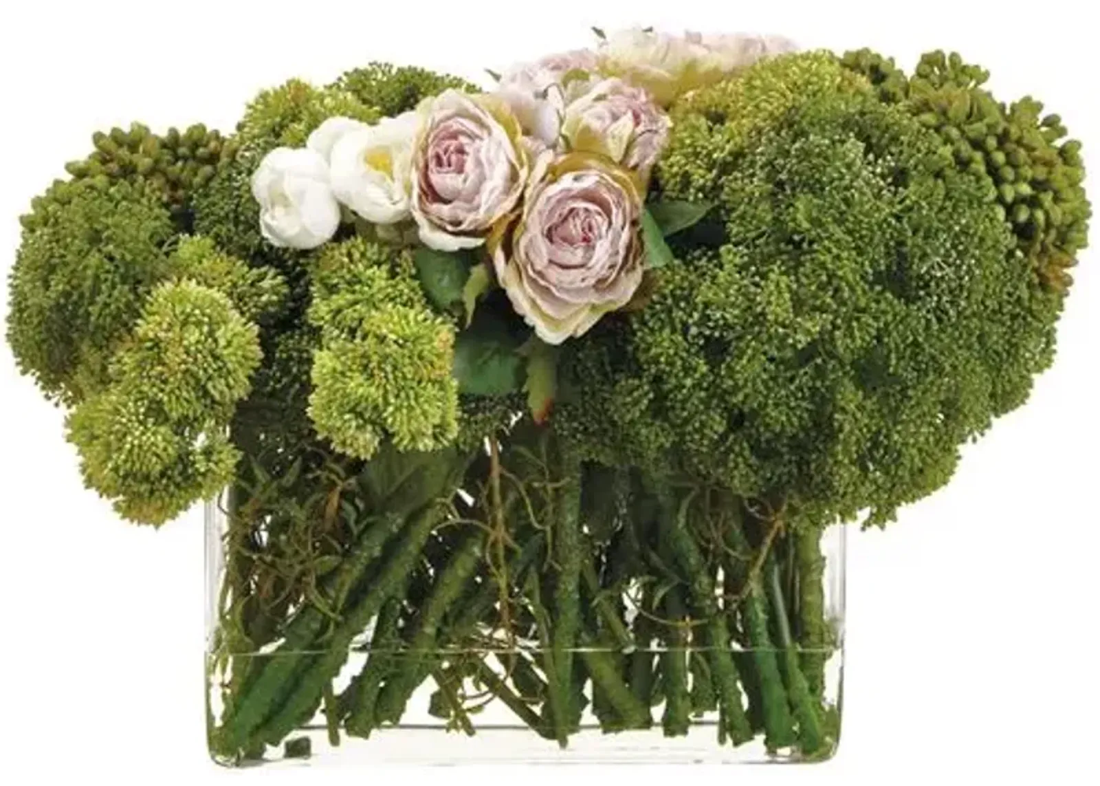 16.5" Sedum/Rose Arrangement in Glass Vase - Faux - Green