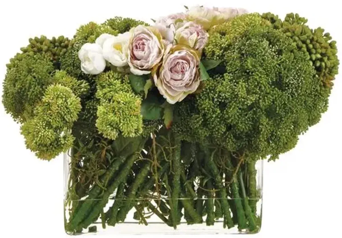 16.5" Sedum/Rose Arrangement in Glass Vase - Faux - Green