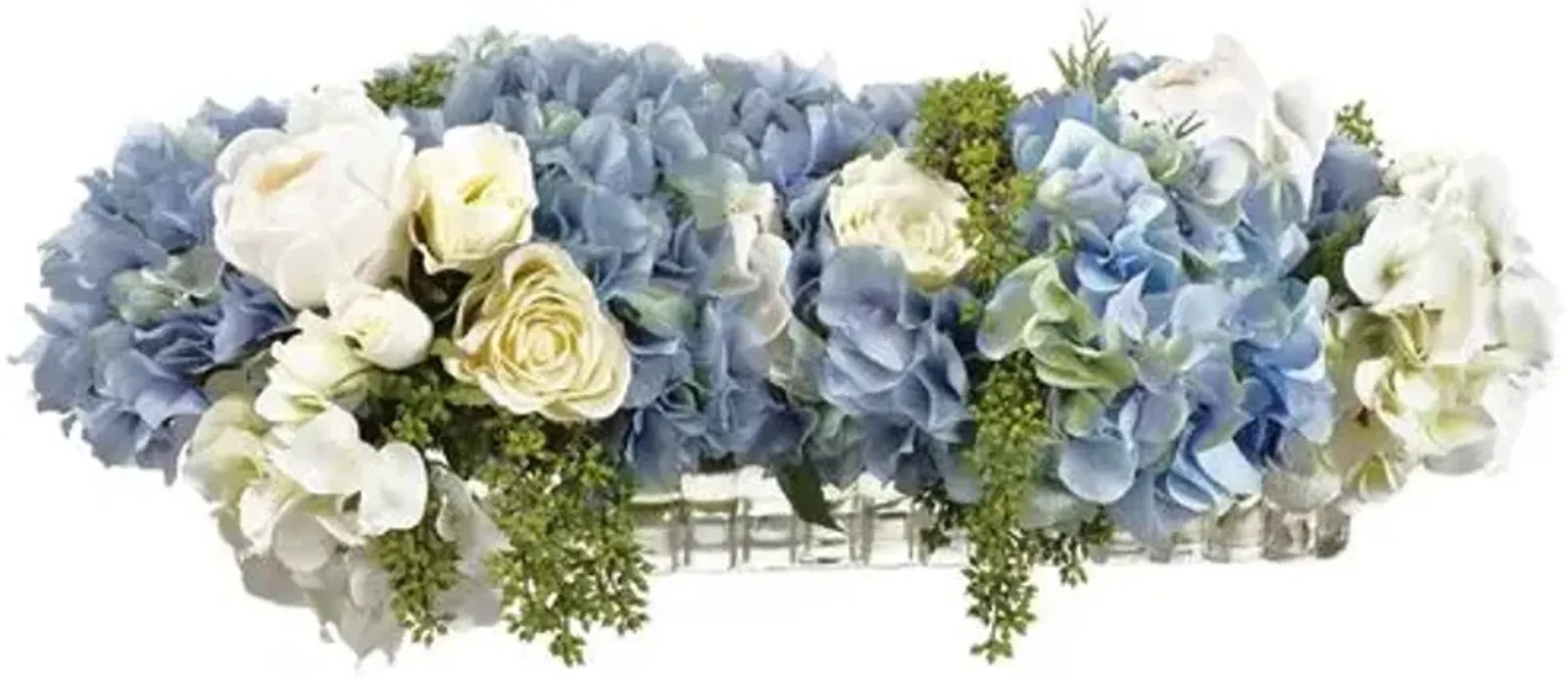 10" Hydrangea Arrangement in Ribbed Glass Vase - Faux - Blue