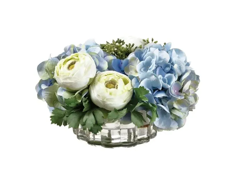 7" Hydrangea/Ranunculus Arrangement in Ribbed Glass Vase - Faux - Blue