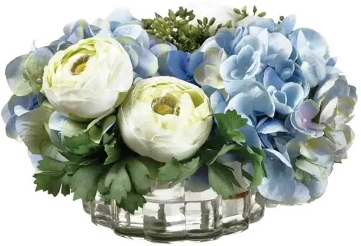 7" Hydrangea/Ranunculus Arrangement in Ribbed Glass Vase - Faux - Blue