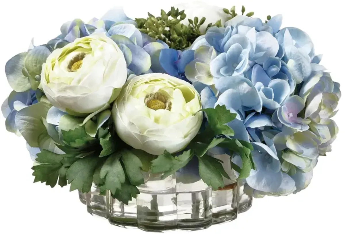 7" Hydrangea/Ranunculus Arrangement in Ribbed Glass Vase, Faux