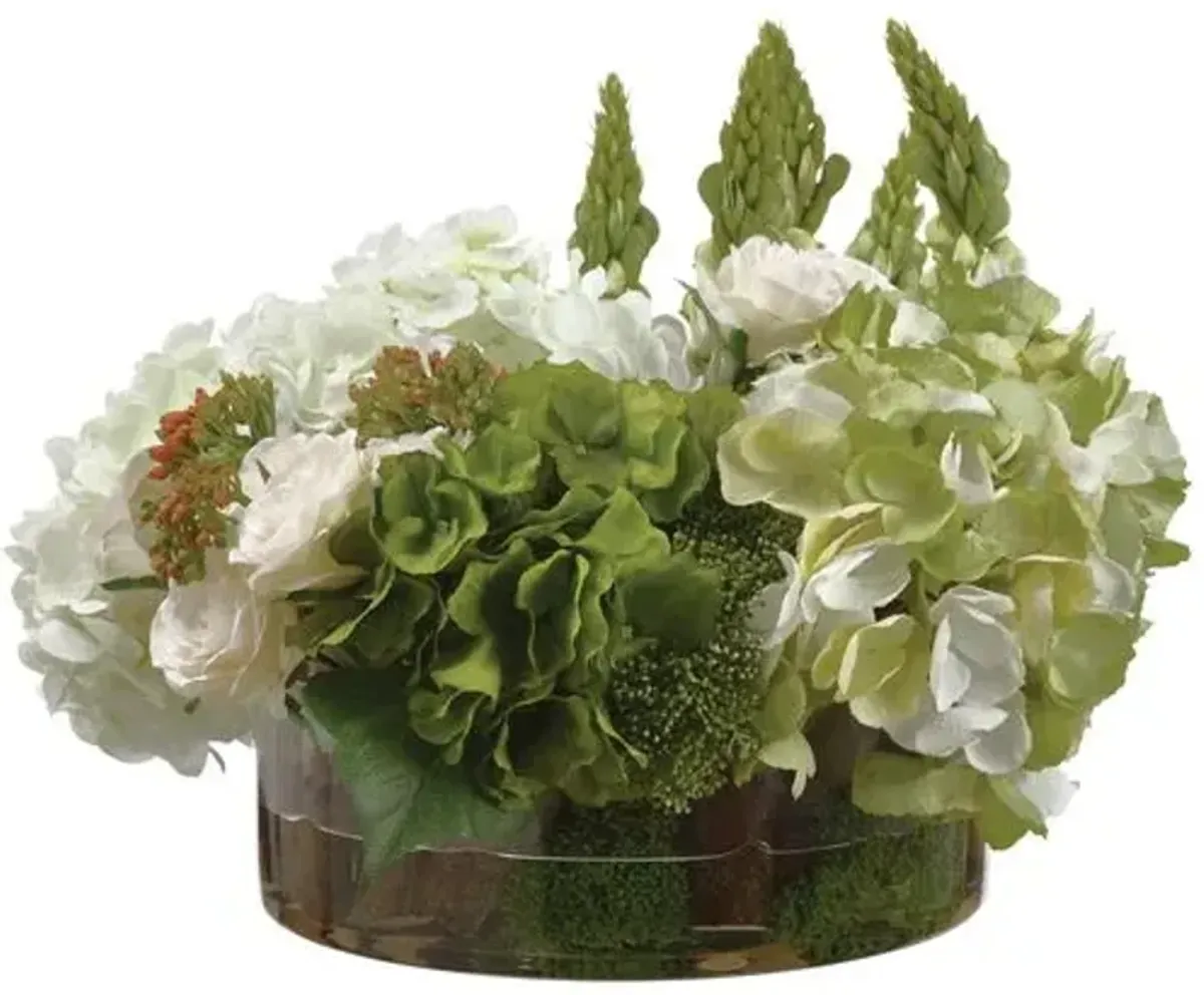 14" Hydrangea/Rose/Lupinus Arrangement in Glass Vase - Faux - Handcrafted - Green