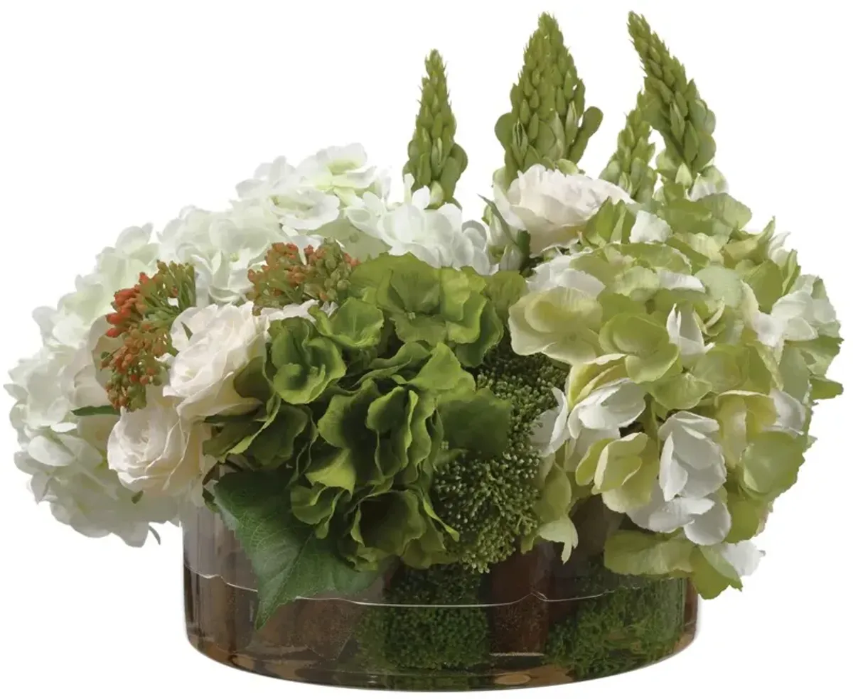 14" Hydrangea/Rose/Lupinus Arrangement in Glass Vase, Faux