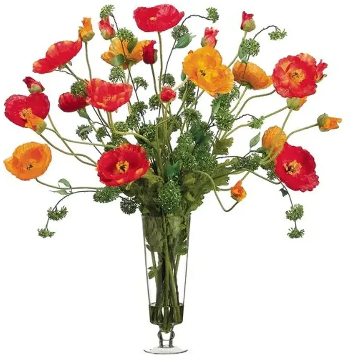 37" Large Poppy Arrangement in Glass Vase - Faux - Orange