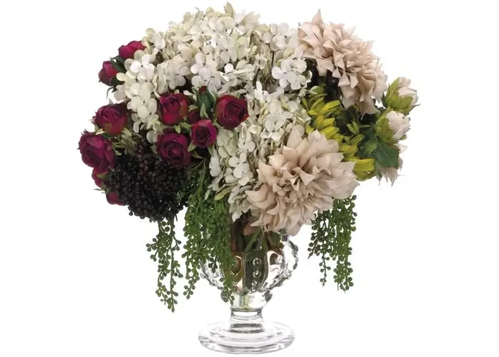 15" Hydrangea/Rose Arrangement in Glass Vase - Faux - White