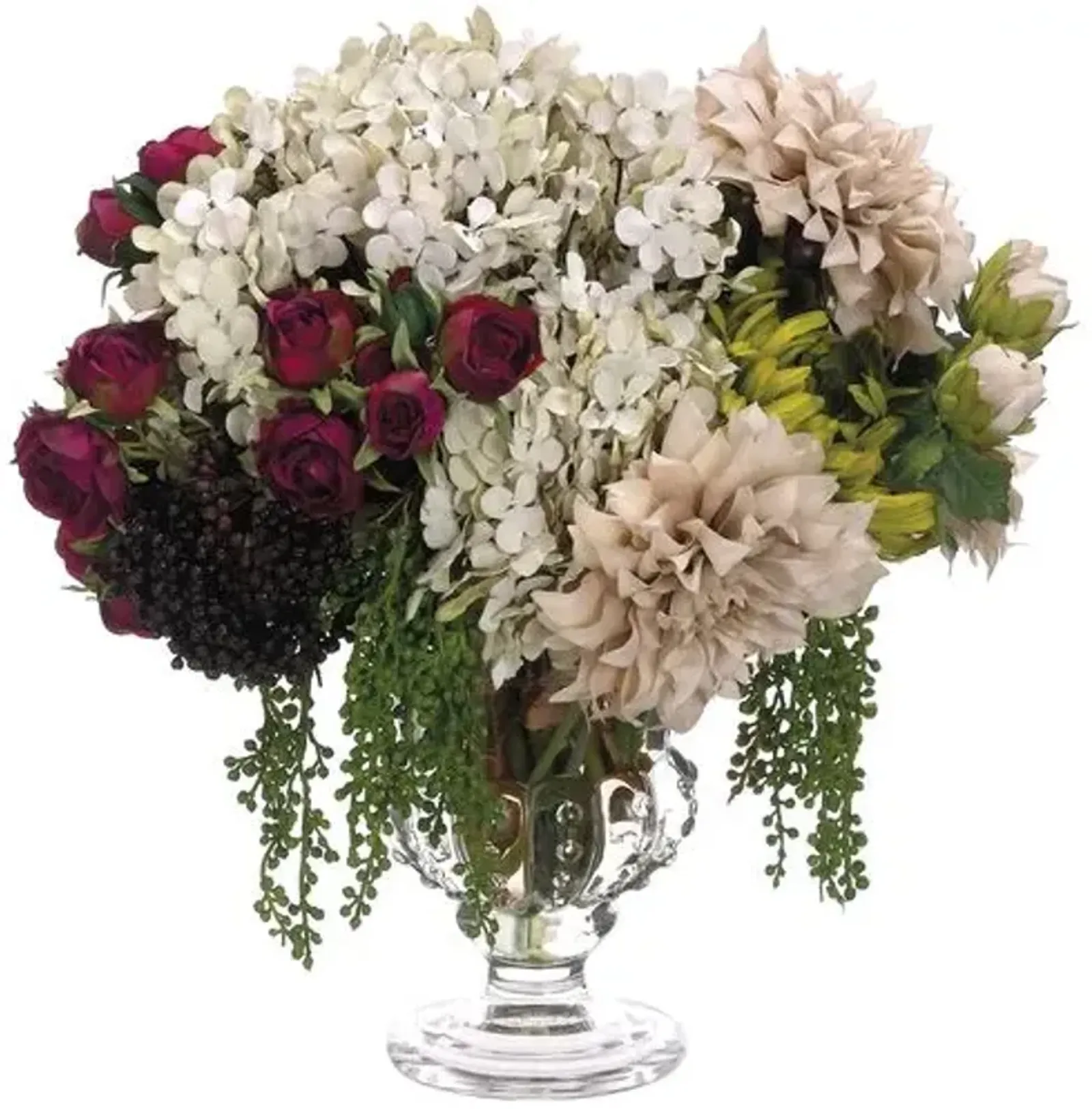 15" Hydrangea/Rose Arrangement in Glass Vase - Faux - White