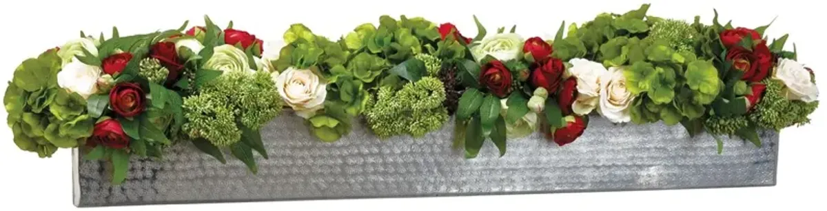 Rose/Ranunculus /Sedum Arrangement in Rectangular Planter, Faux