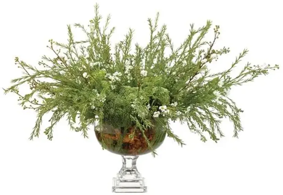 25" Wax Flowers/ Sedum Arrangement in Glass Vase - Faux - Green