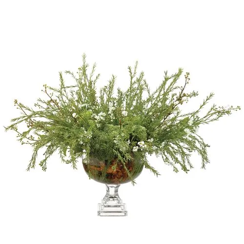 25" Wax Flowers/ Sedum Arrangement in Glass Vase - Faux - Green