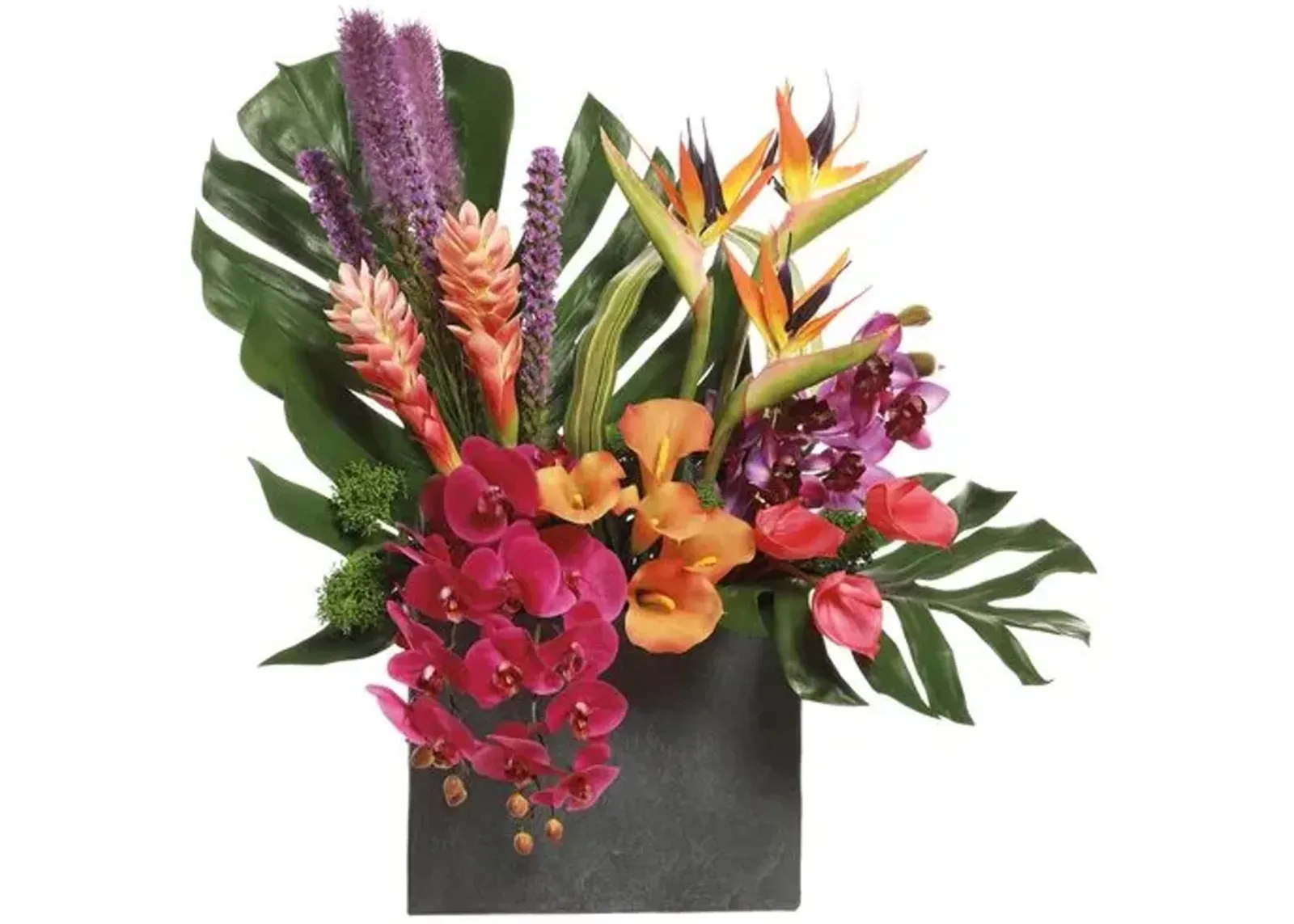 34" Orchid/Hawaiian Ginger/Bird of Paradise Arrangement in Planter - Faux - Purple - 34Hx31Lx18W in