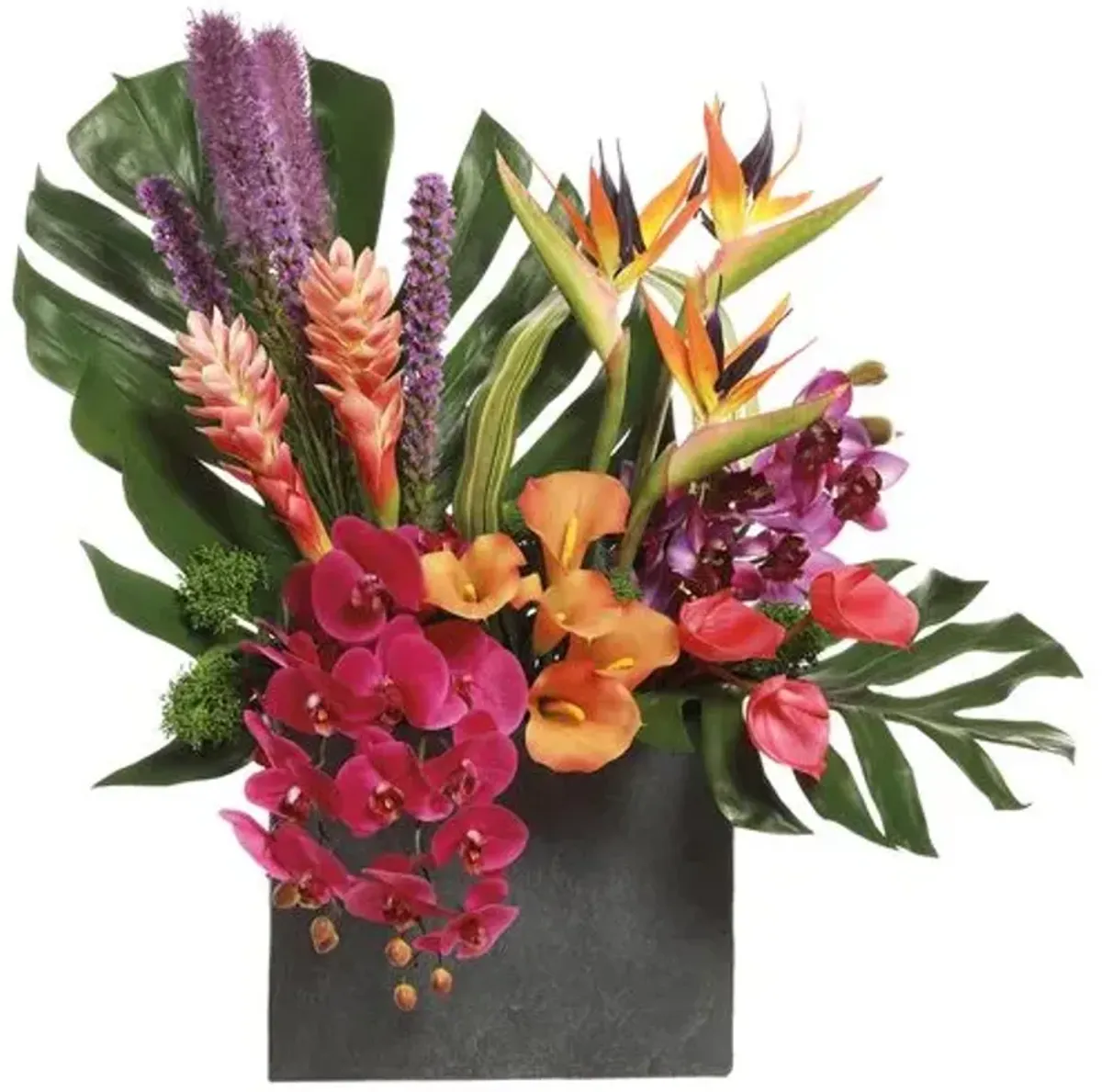 34" Orchid/Hawaiian Ginger/Bird of Paradise Arrangement in Planter - Faux - Purple - 34Hx31Lx18W in