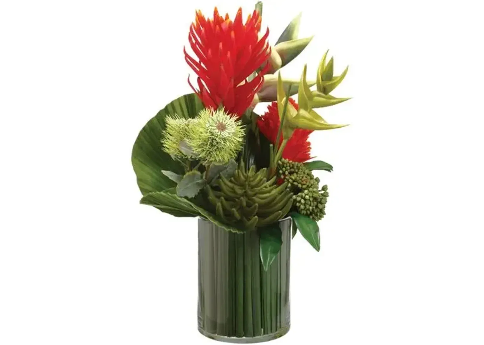 24.5" Protea/ Bromeliad/Grass Arrangement in Glass Vase - Faux - Red