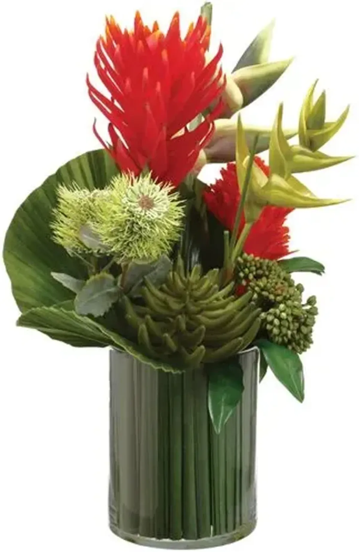 24.5" Protea/ Bromeliad/Grass Arrangement in Glass Vase - Faux - Red