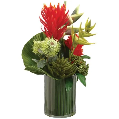 24.5" Protea/ Bromeliad/Grass Arrangement in Glass Vase - Faux - Red