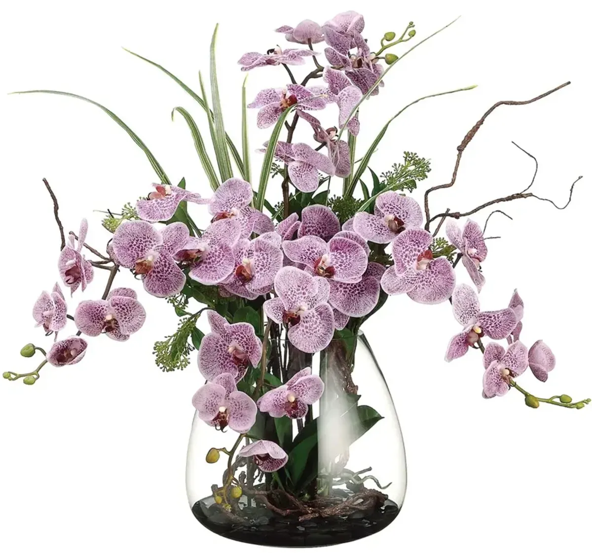 25" Phalaenopsis/Skimmia/Twig  Arrangement in Glass Vase, Faux