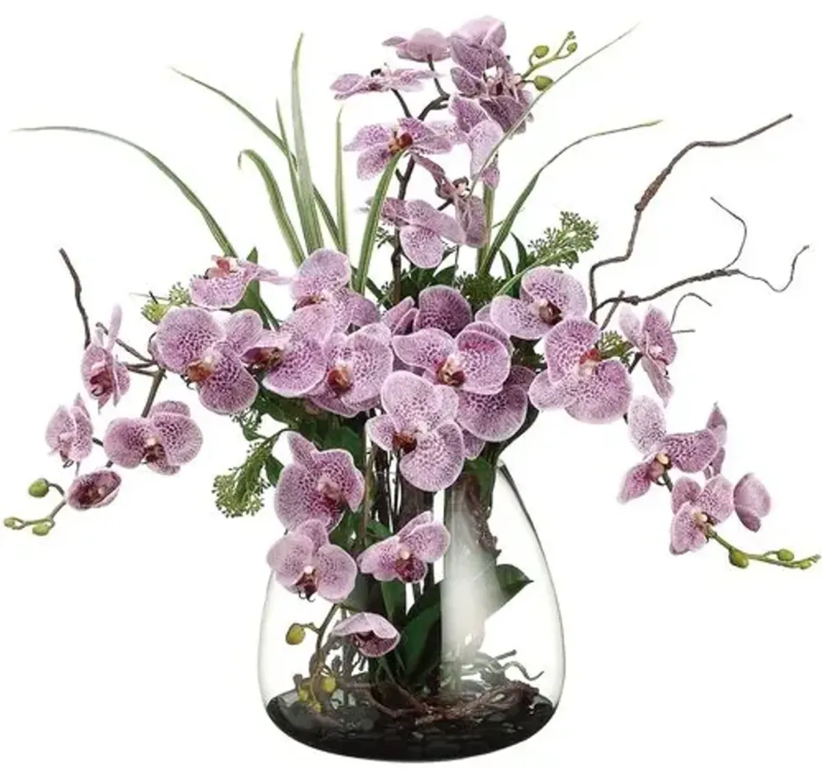 25" Phalaenopsis/Skimmia/Twig Arrangement in Glass Vase - Faux - Purple