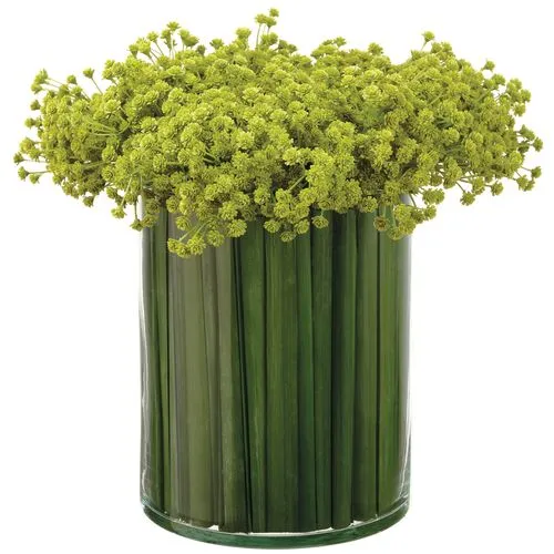 12" Baby's Breath/Grass Arrangement in Glass Vase - Faux - Green