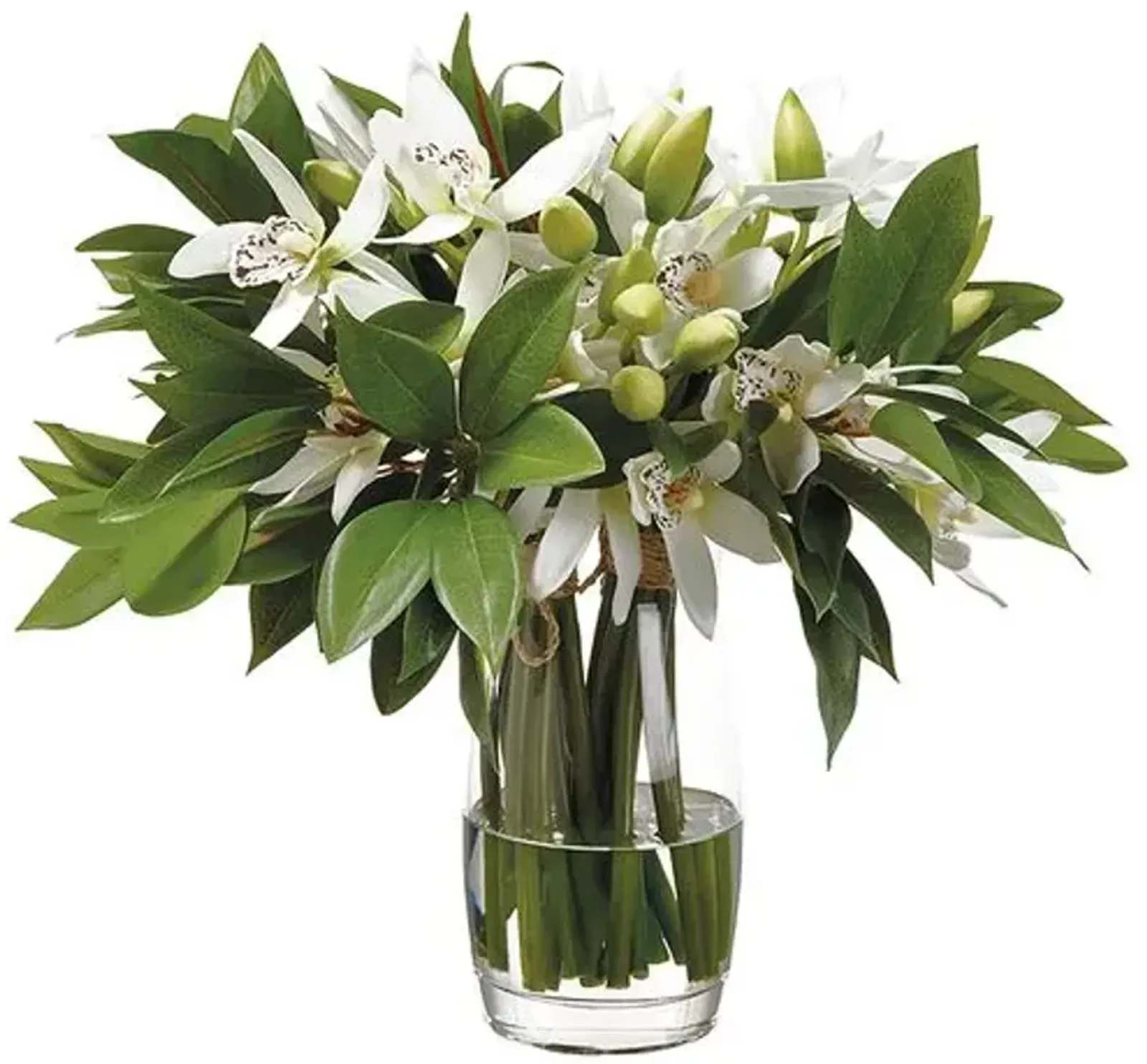 14" Cymbidium/ Shikiba Arrangement in Glass Vase - Faux - White