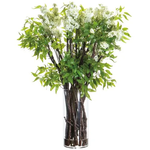 4' Lilac/Twig Arrangement in Cylinder Glass Vase - Faux - Green