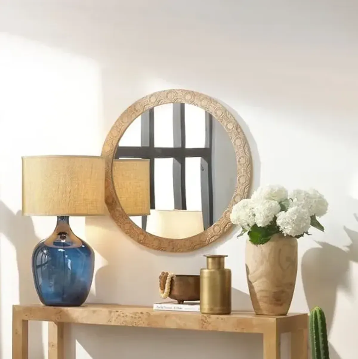 Relief Wood Carved Round Wall Mirror - Natural - Jamie Young Co.