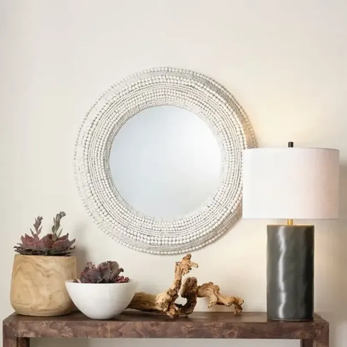 Strand Wood Beaded Round Wall Mirror - Jamie Young Co.