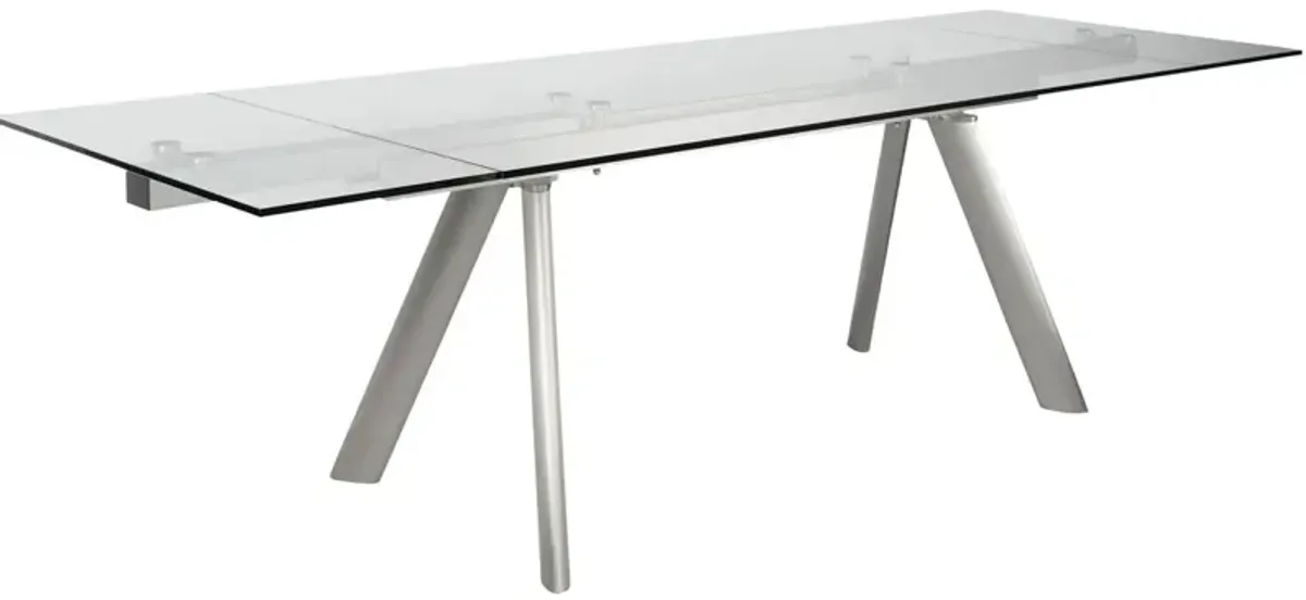 Delano 102" Extension Glass Dining Table, Brushed Stainless Steel