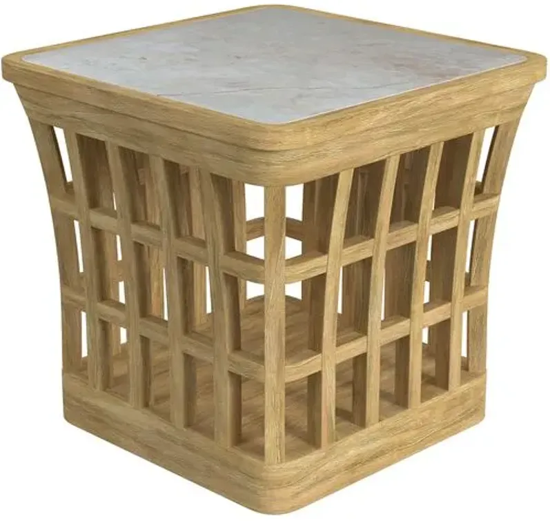 Shelly Outdoor End Table - Natural Teak/Marble - Ivory