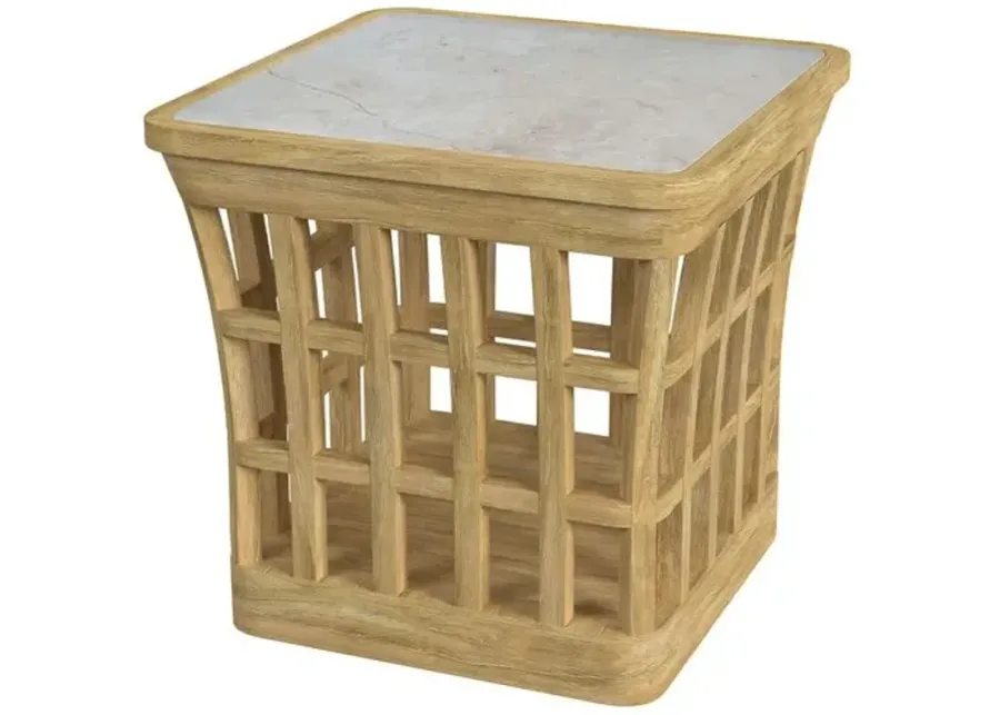 Shelly Outdoor End Table - Natural Teak/Marble - Ivory