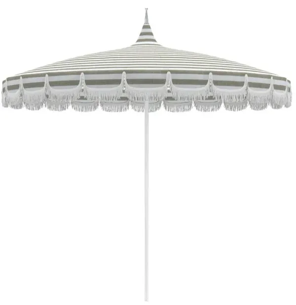 Aya Pagoda Fringe Patio Umbrella, Sunbrella Stripe