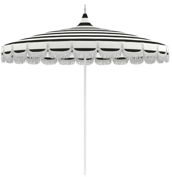 Aya Pagoda Fringe Patio Umbrella, Sunbrella Stripe