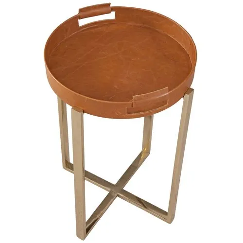 Torrance Accent Table - Gold/Brown Leather - 14Lx22Hx14Wx14D in