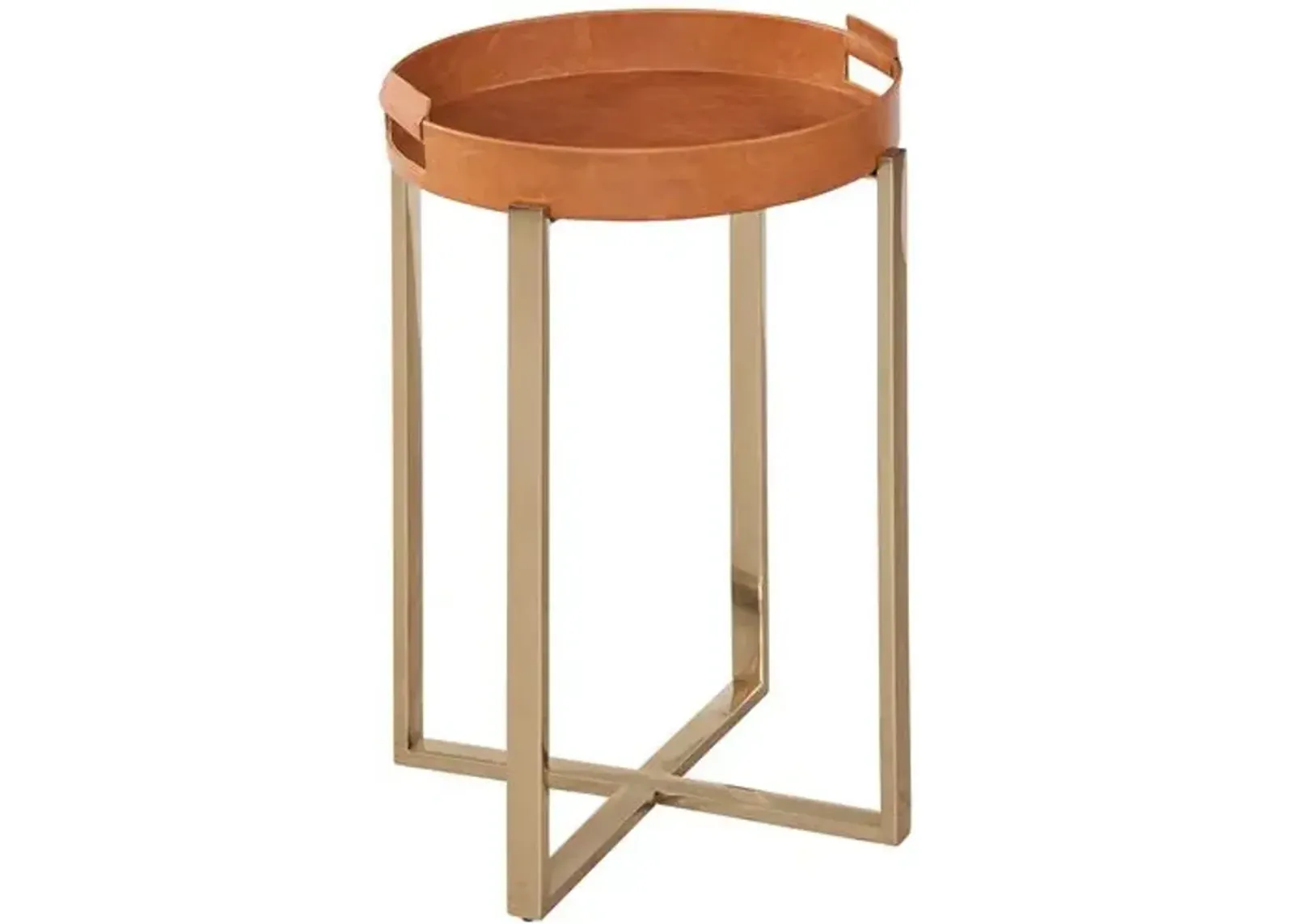 Torrance Accent Table - Gold/Brown Leather - 14Lx22Hx14Wx14D in