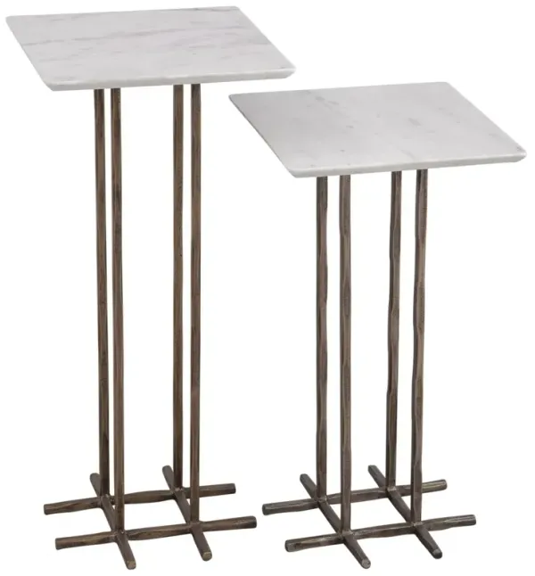 S/2 Bennett Accent Tables, Antique Brass/White Marble