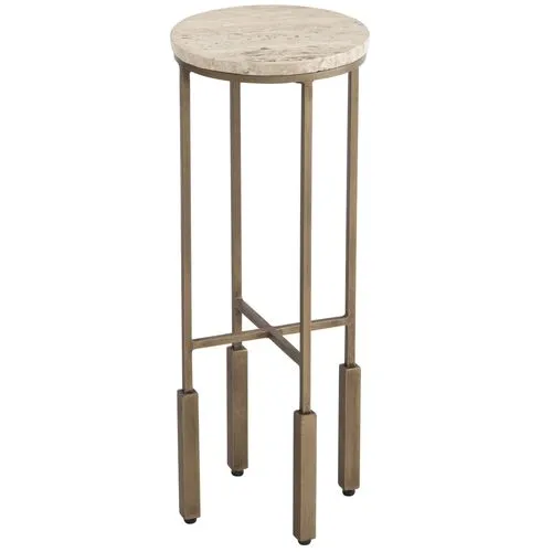 Marina Travertine Accent Table - Antique Brass/Natural - Brown - 8Lx22Hx8Wx8D in