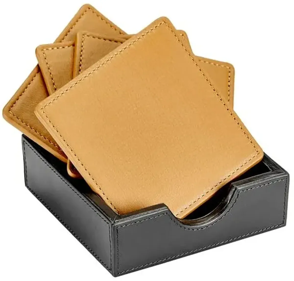 Set of 4 Leather Square Coasters - Brown