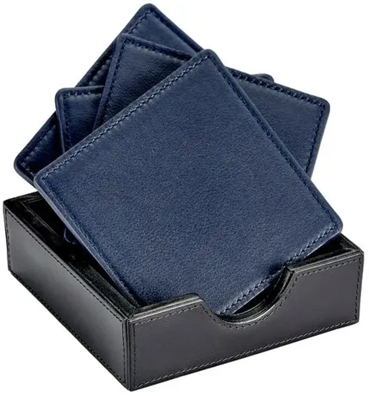 Set of 4 Leather Square Coasters - Blue