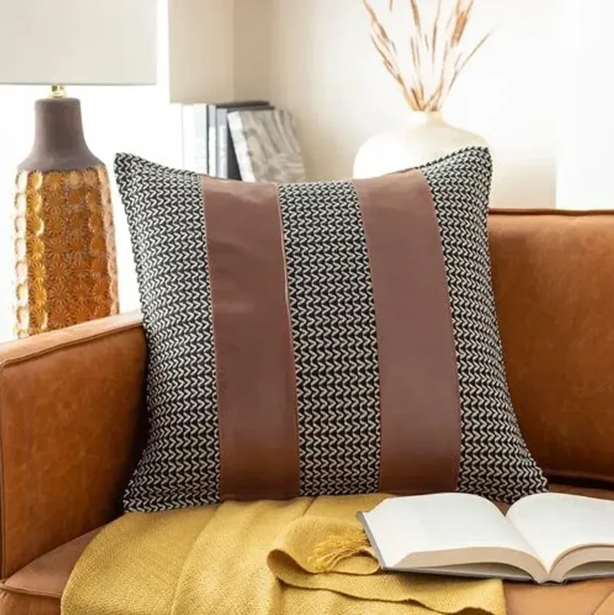 Fiona 20x20 Leather Pillow - Brown/Black/Ivory