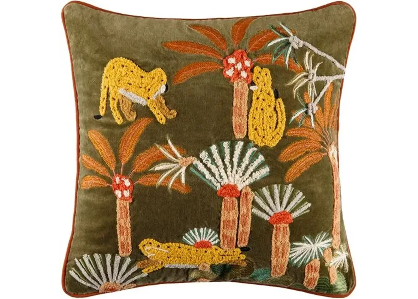 Junglesque Embroidered 13x21 Lumbar Pillow - Dark Green/Coral