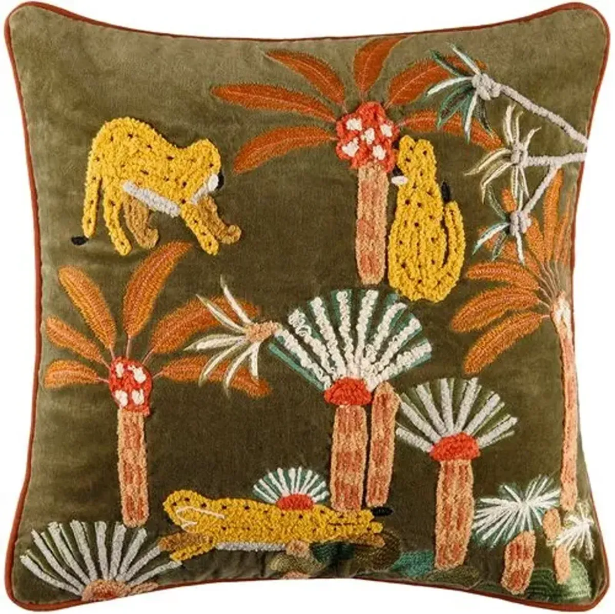 Junglesque Embroidered Pillow - Dark Green/Coral