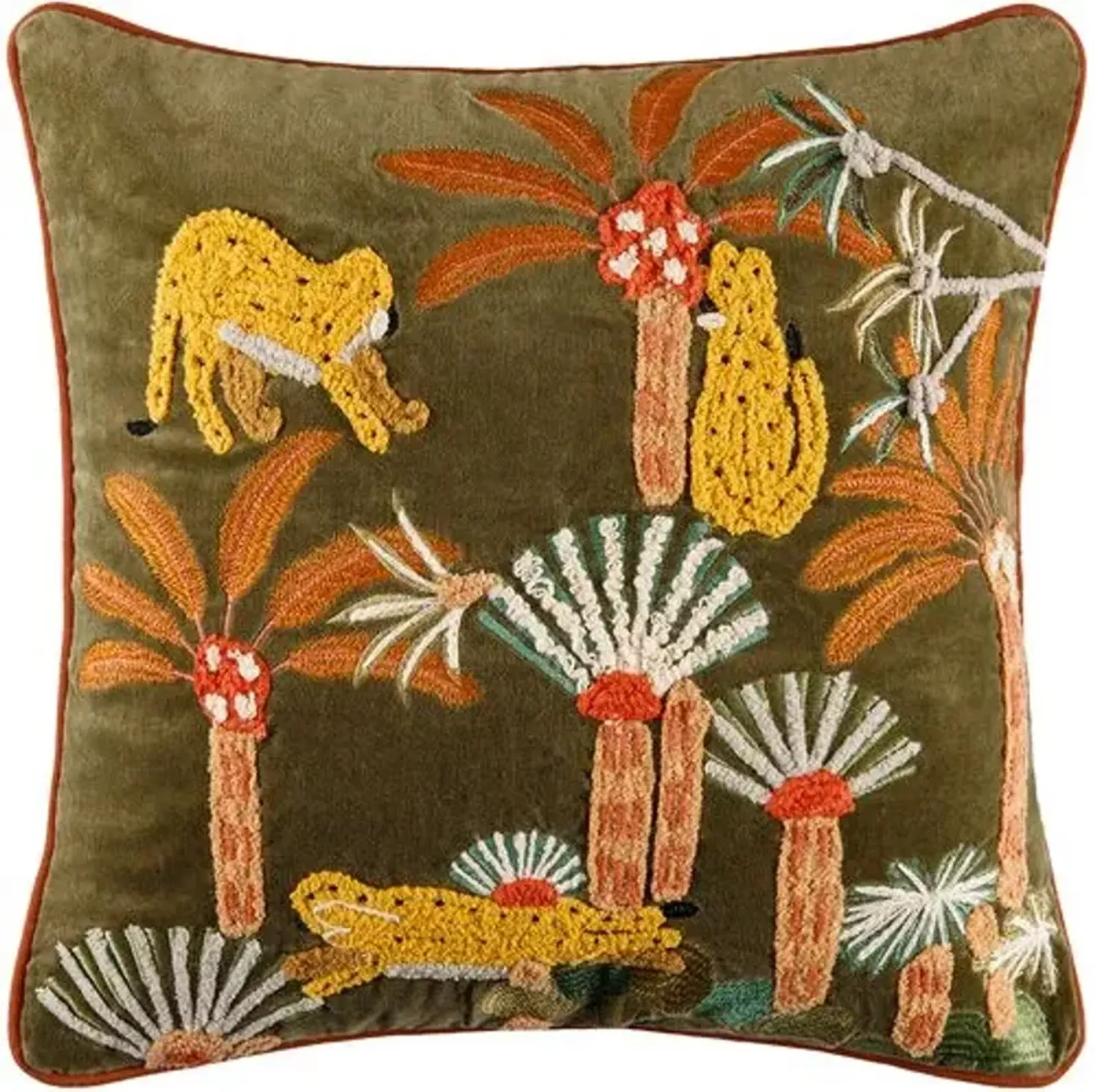 Junglesque Embroidered Pillow - Dark Green/Coral