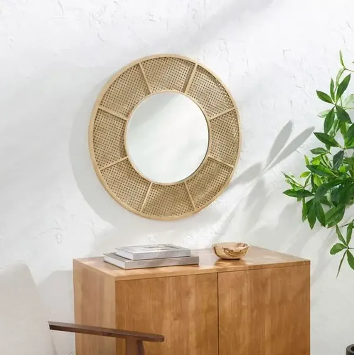 Sansa Round Cane Wall Mirror - Khaki